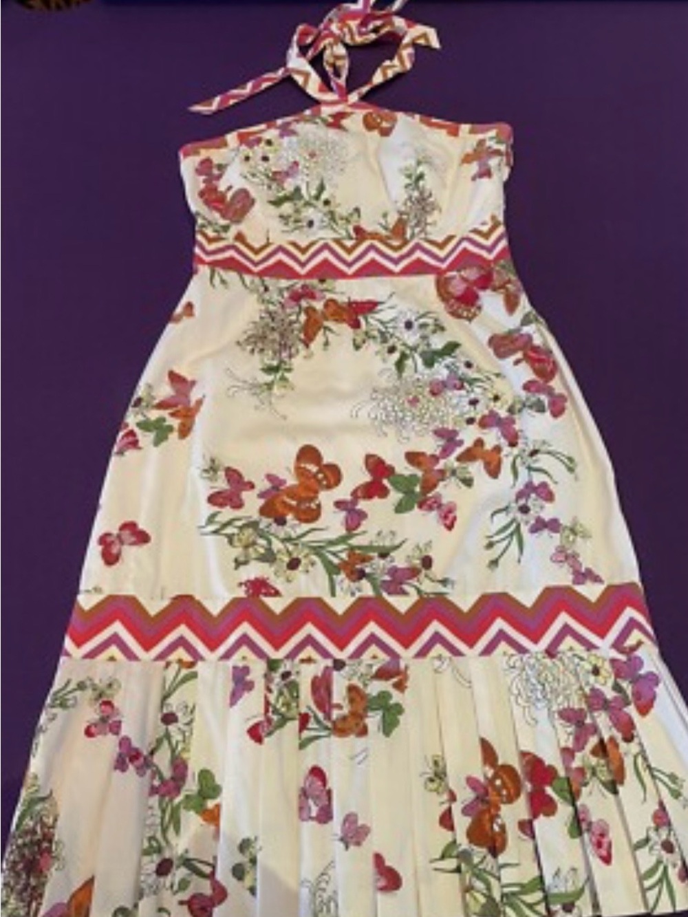 Tibi Cream Dress with Multicolor Chevron and Butterfly Trim